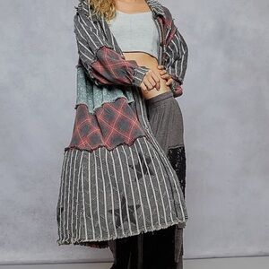 POL Patchwork Long Hooded Coat in Gray, Red, Teal